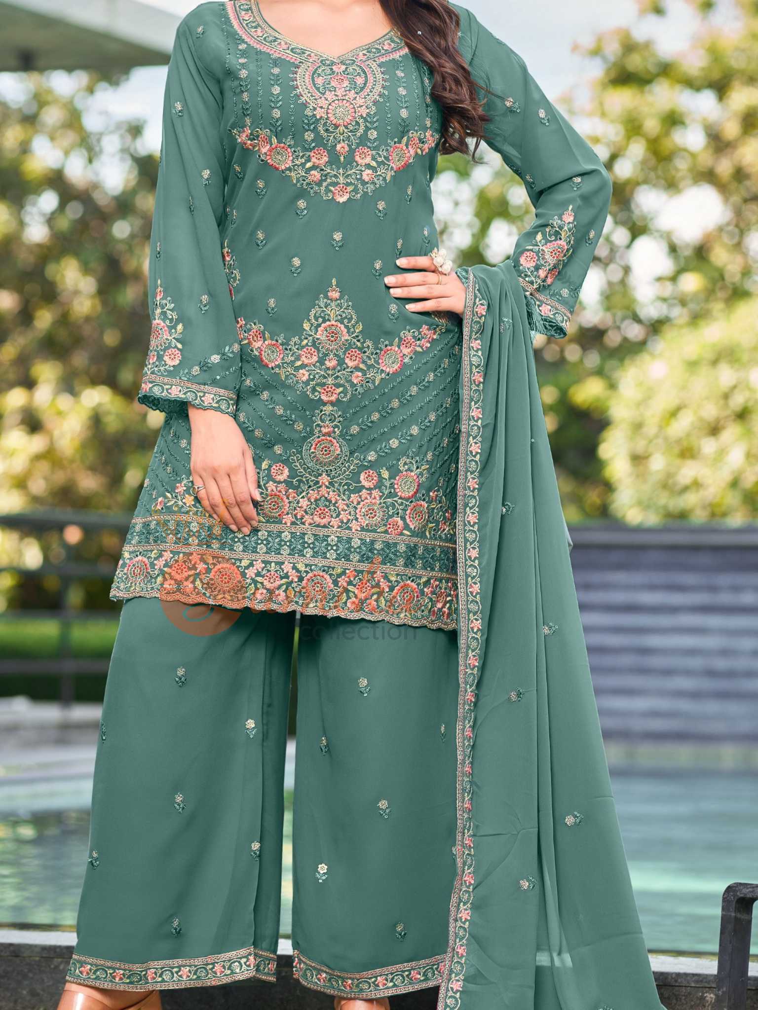 Kurta With Palazzo In Work Shop Green Georgette Embroidery Kurta Palazzo Set Work Wear Online