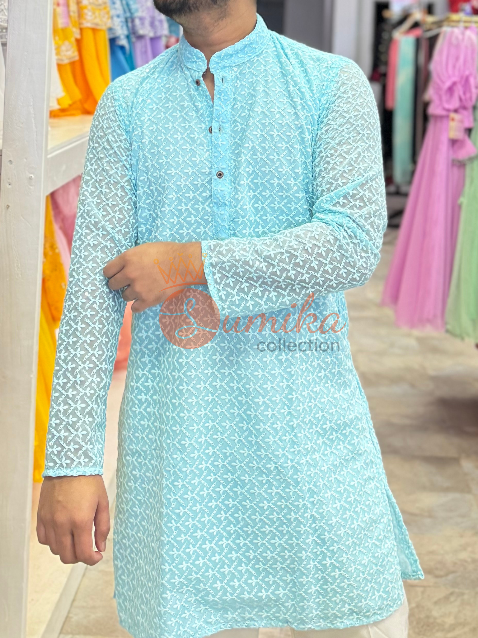 open lace back dress High Quality Sky Blue Mens Chikankari Kurta Set (2pcs) Sky Blue / 42