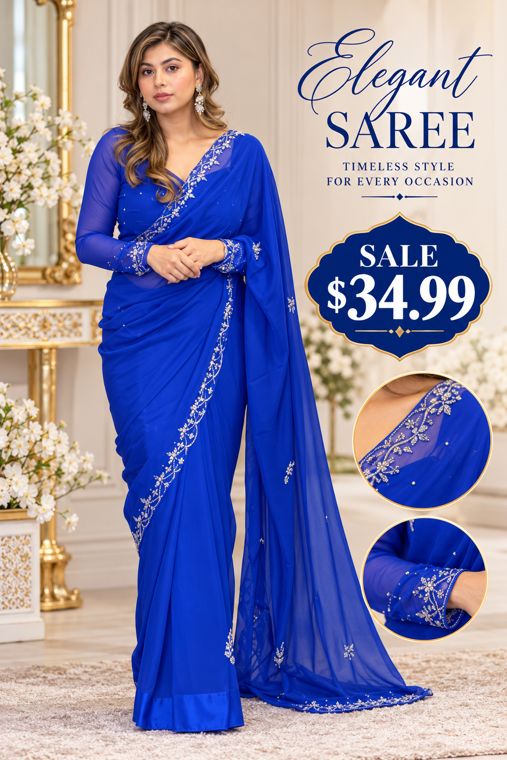Silver Petal Embroidery Saree Set