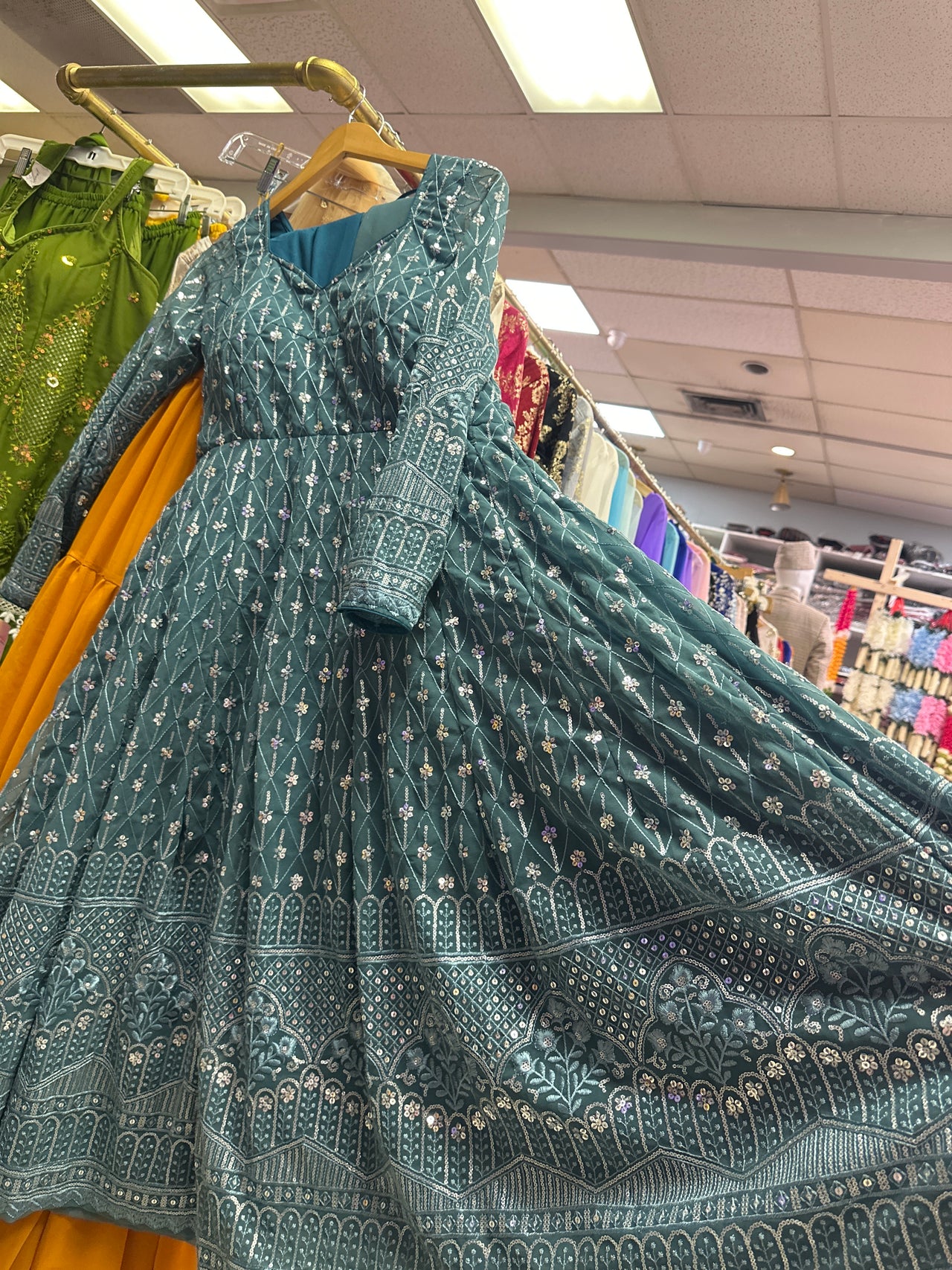 PEACOCK BLUE SEQUENCE ANARKALI KURTA SET