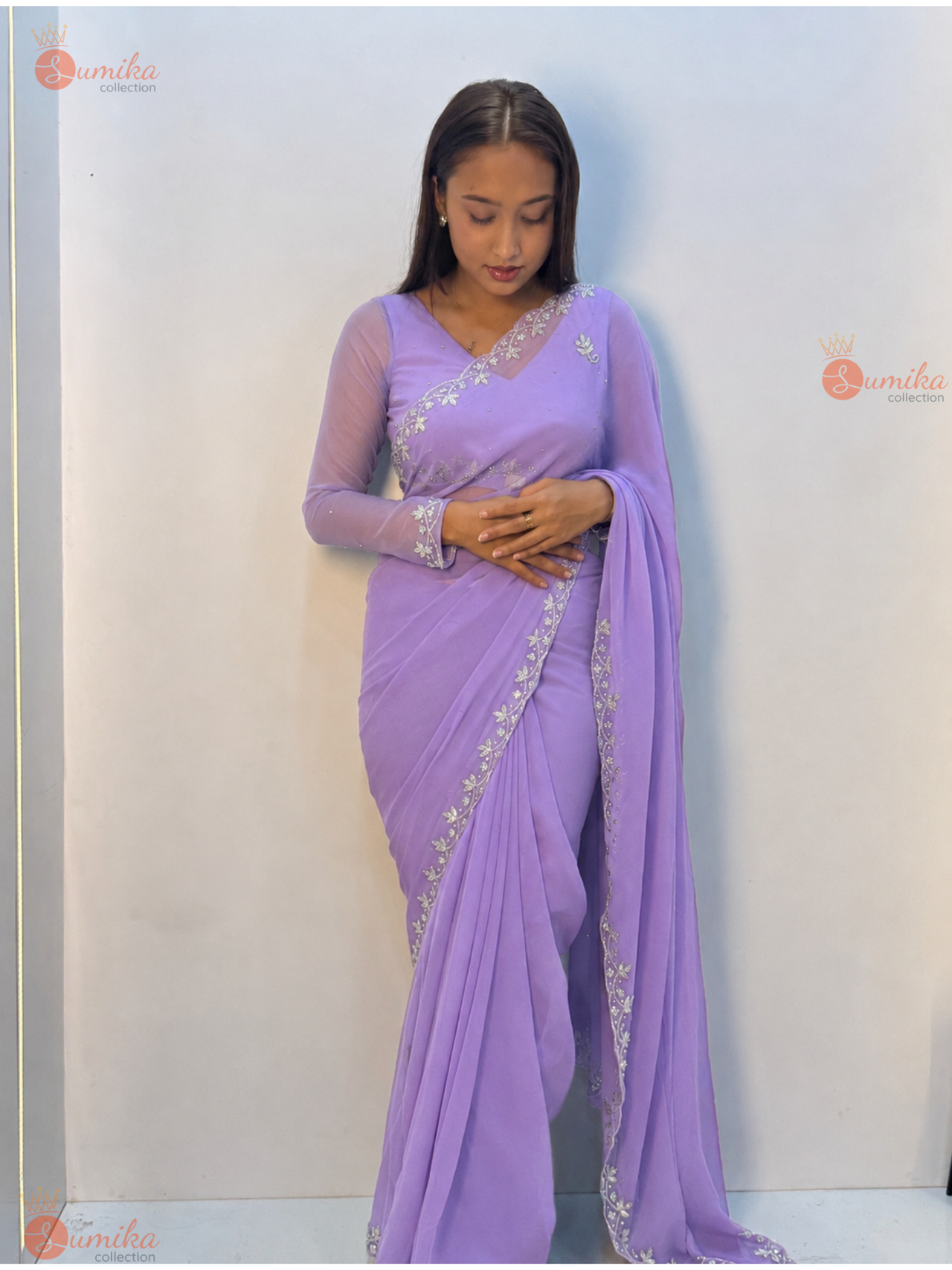 Lavender Silver Petal Embroidered Saree Set