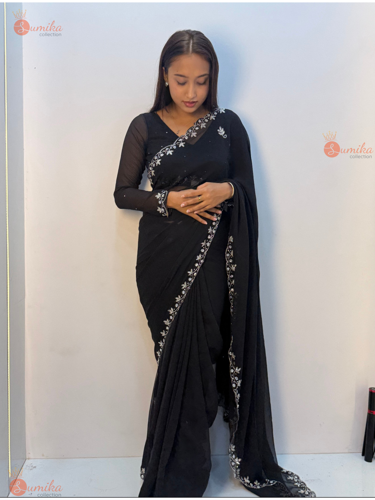 Black Silver Petal Embroidered Saree Set