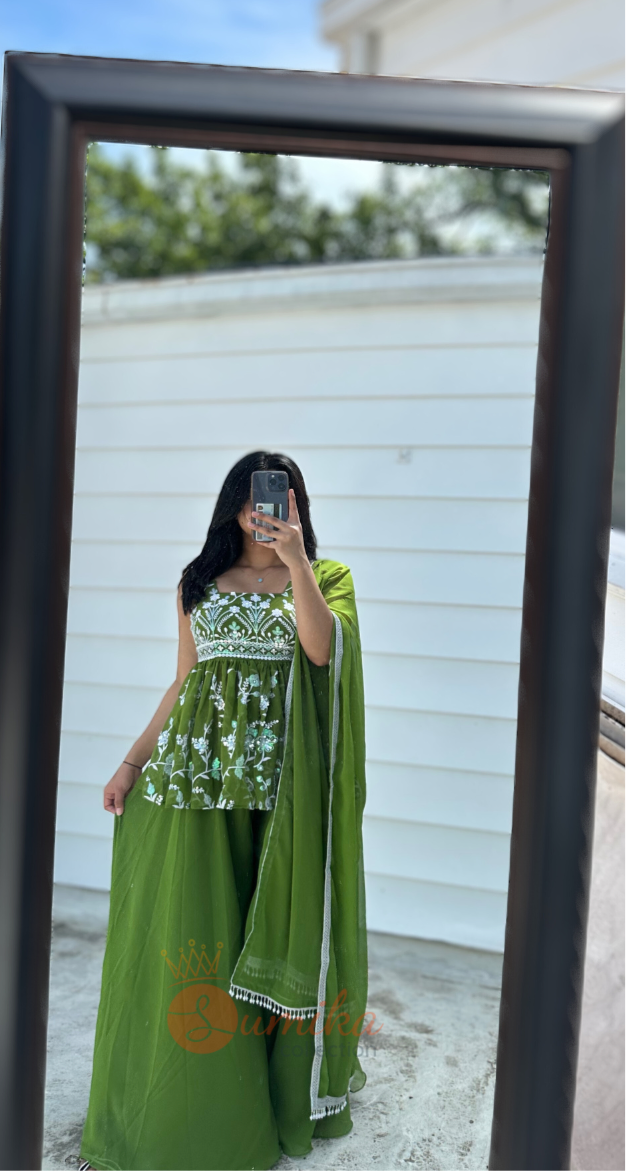 GREEN THREE PIECE SHARARA KURTHI SET