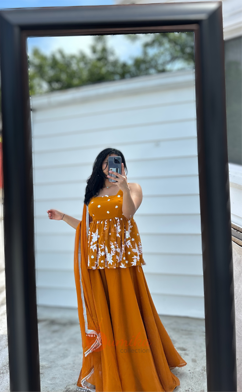 MUSTARD YELLOW THREE PIECE SHARARA KURTHI SET