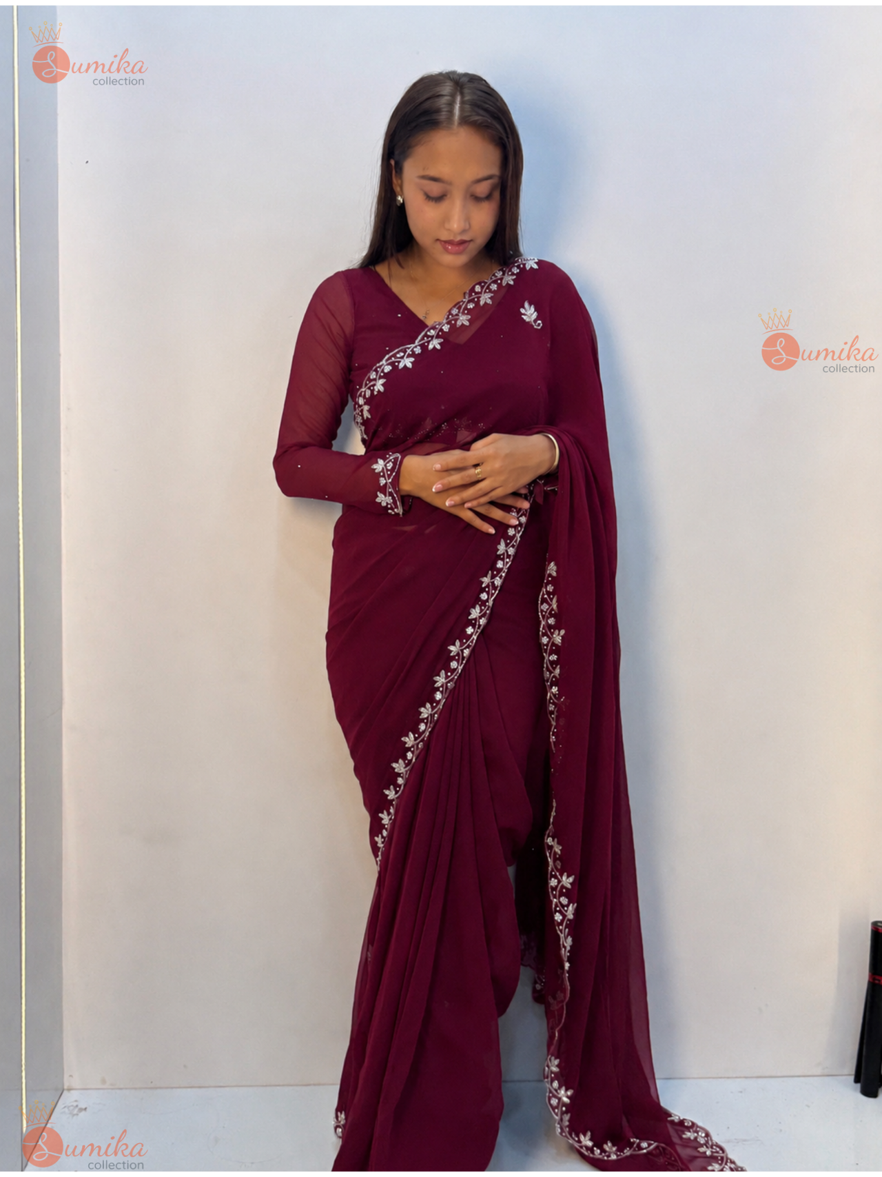 Wine Silver Petal Embroidered Saree Set
