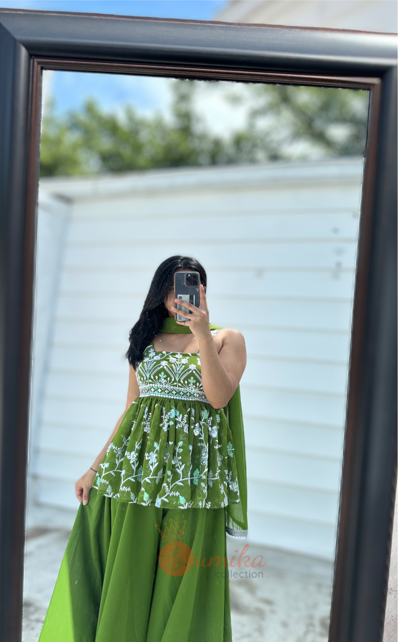 GREEN THREE PIECE SHARARA KURTHI SET