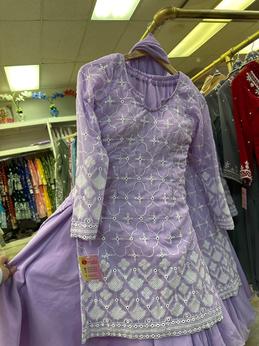 FULL SLEEVE LAVENDER THREE PIECE SHARARA KURTHI