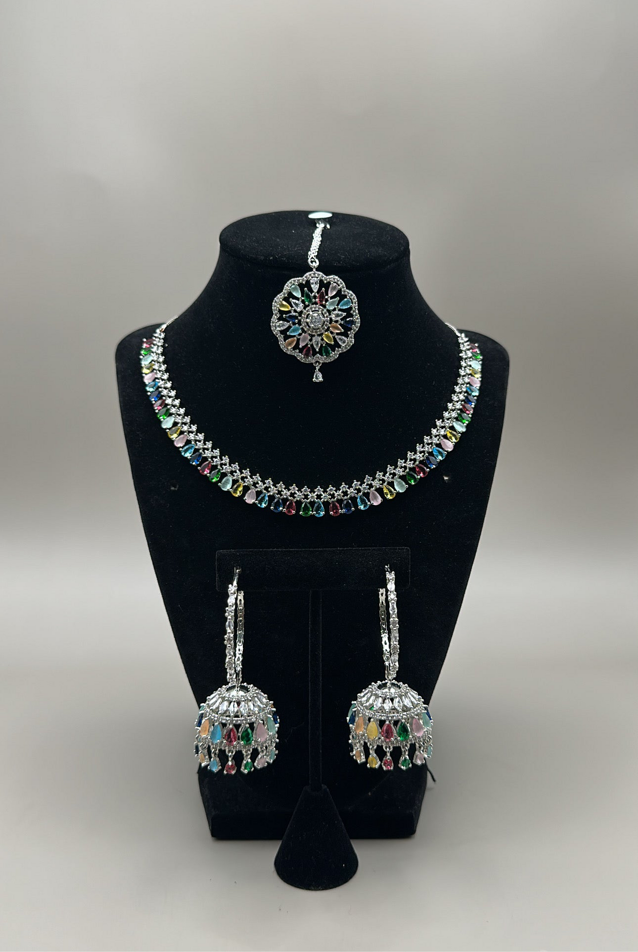 American Diamond (AD) set - Jhumka Earrings, Tikka , Necklace