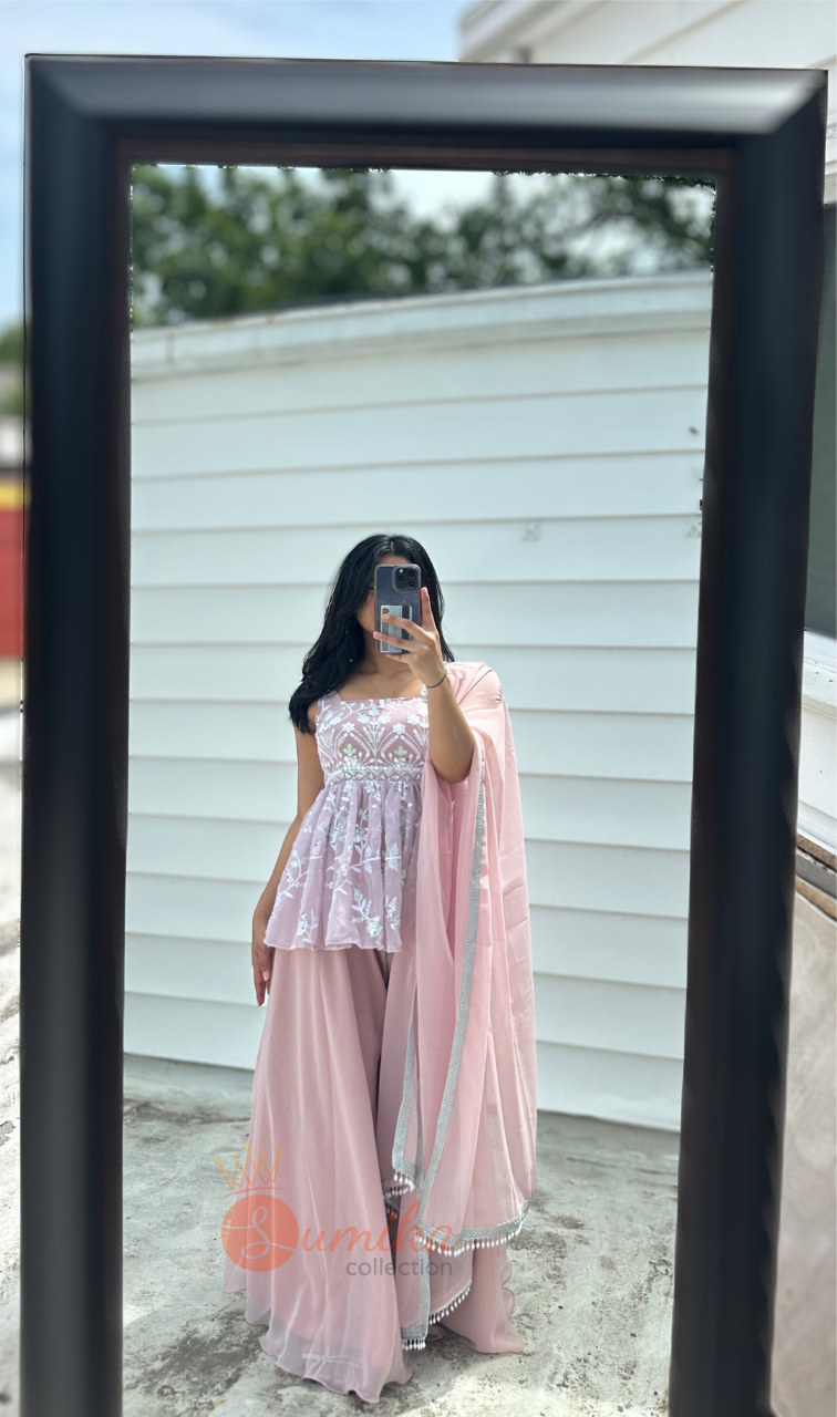 DUSKY PINK THREE PIECE SHARARA KURTHI SET