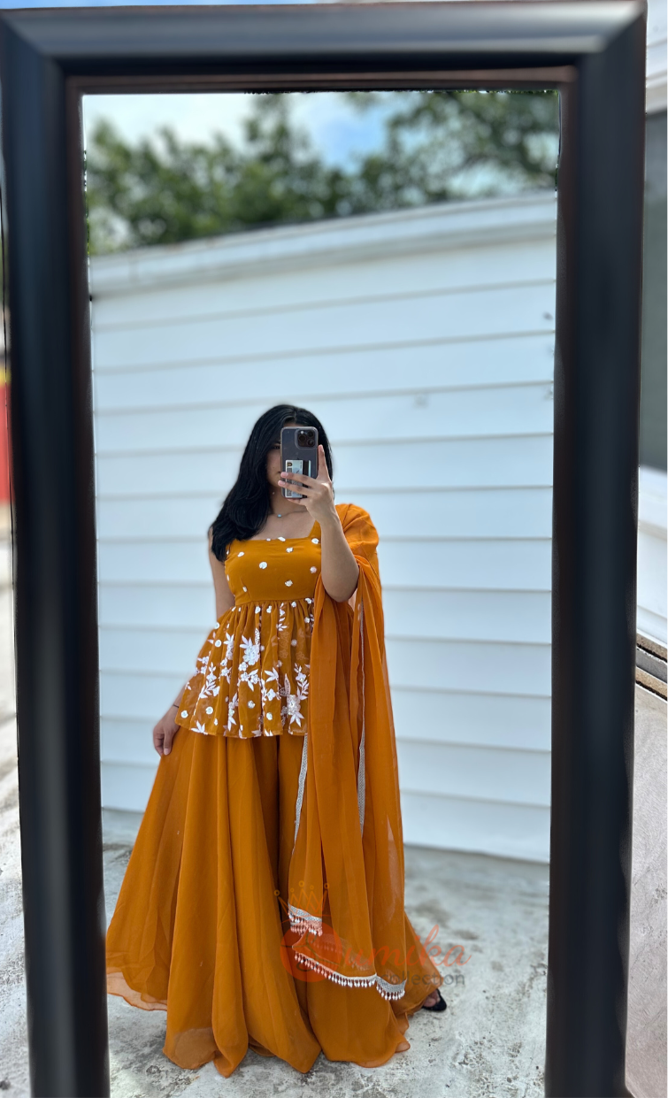 MUSTARD YELLOW THREE PIECE SHARARA KURTHI SET