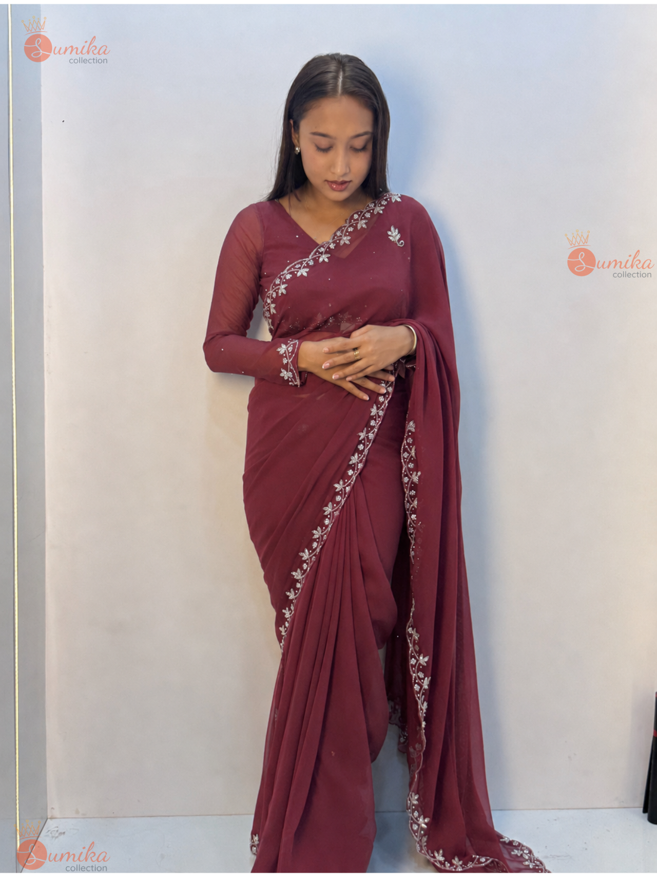 Dusty Pink Silver Petal Embroidered Saree Set