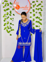 Royal blue Indian sharara set with silver embroidered kurti, wide-leg pants and matching dupatta from Sumika Collection