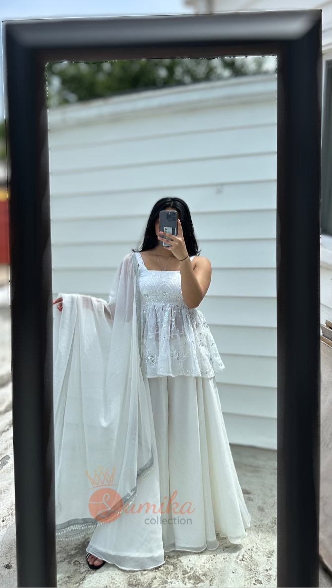 WHITE TYPE 2 THREE PIECE SHARARA KURTHI