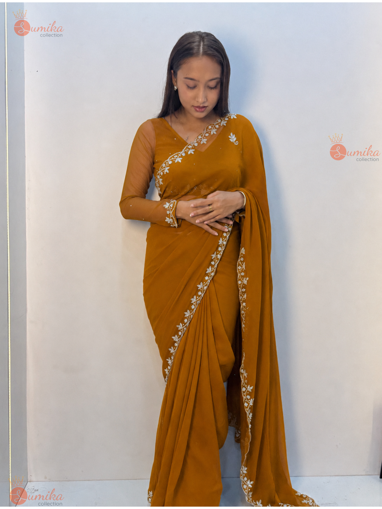 Mustard Yellow Petal Embroidered Saree Set