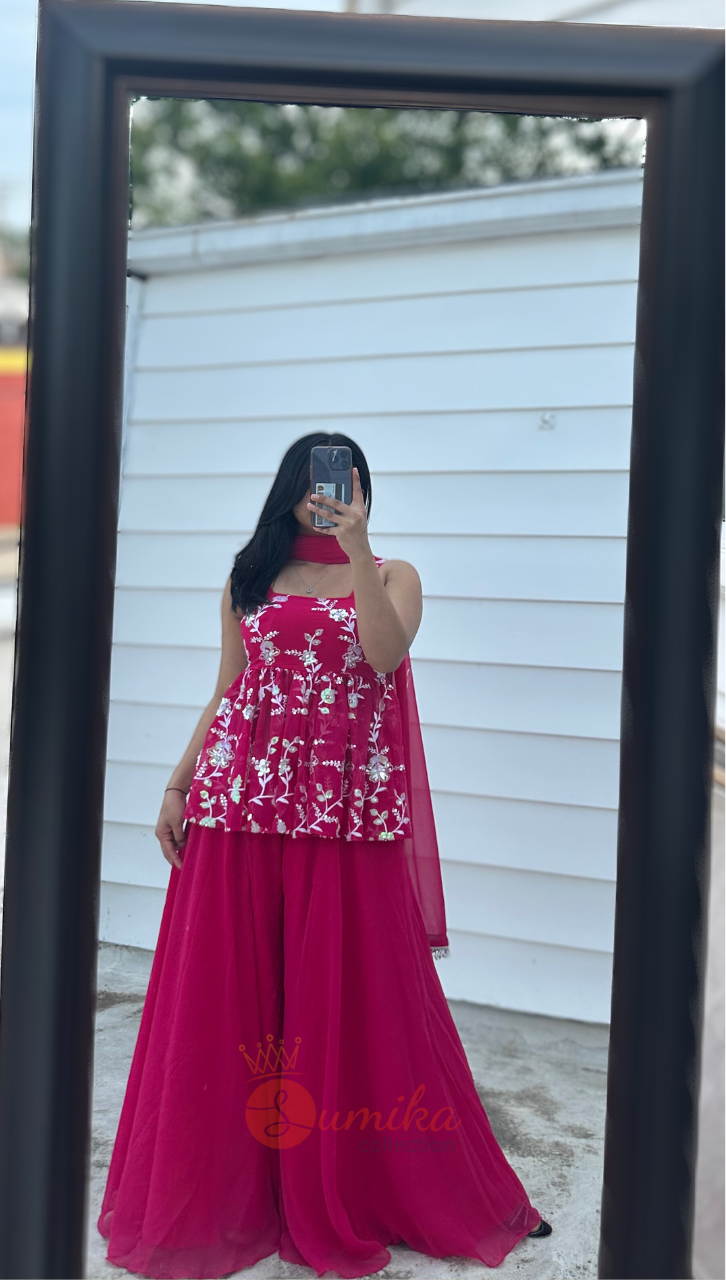 HOT PINK THREE PIECE SHARARA KURTHI SET