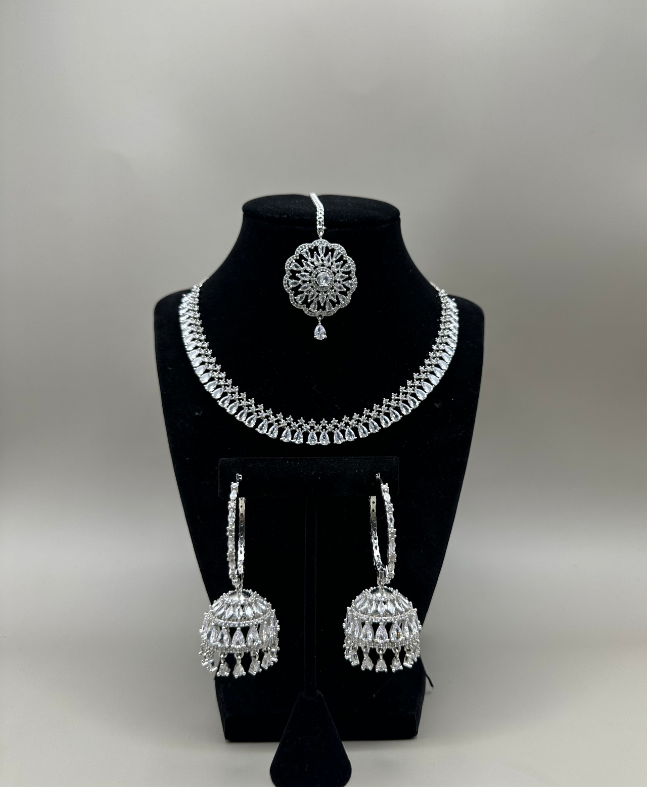 American Diamond (AD) set - Jhumka Earrings, Tikka , Necklace