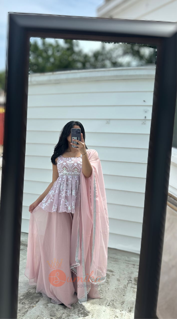 DUSKY PINK THREE PIECE SHARARA KURTHI SET