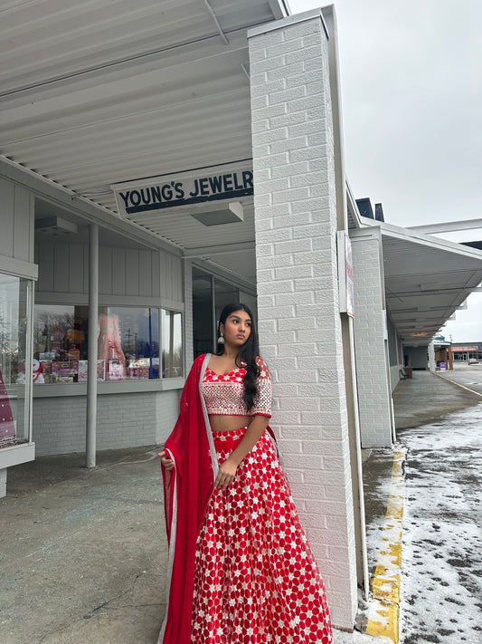 RED SEQUENCE WORK LEHENGA CHOLI SET