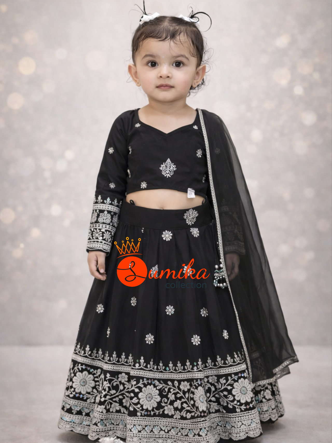 Black kids lehenga set with embroidered blouse, can-can skirt and dupatta by Sumika Collection USA