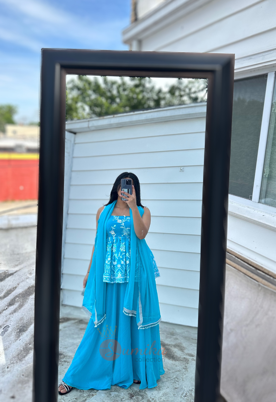 BLUE THREE PIECE SHARARA KURTHI SET