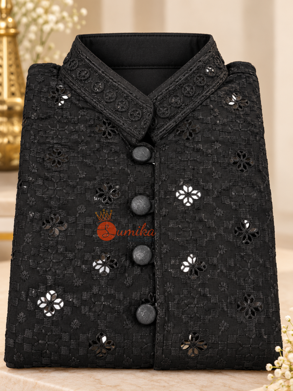 Premium Black Chikankari Kurta Set for Boys with White Pant