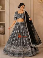 Black georgette Indian lehenga set with silver embroidery, stitched blouse and matching dupatta from Sumika Collection