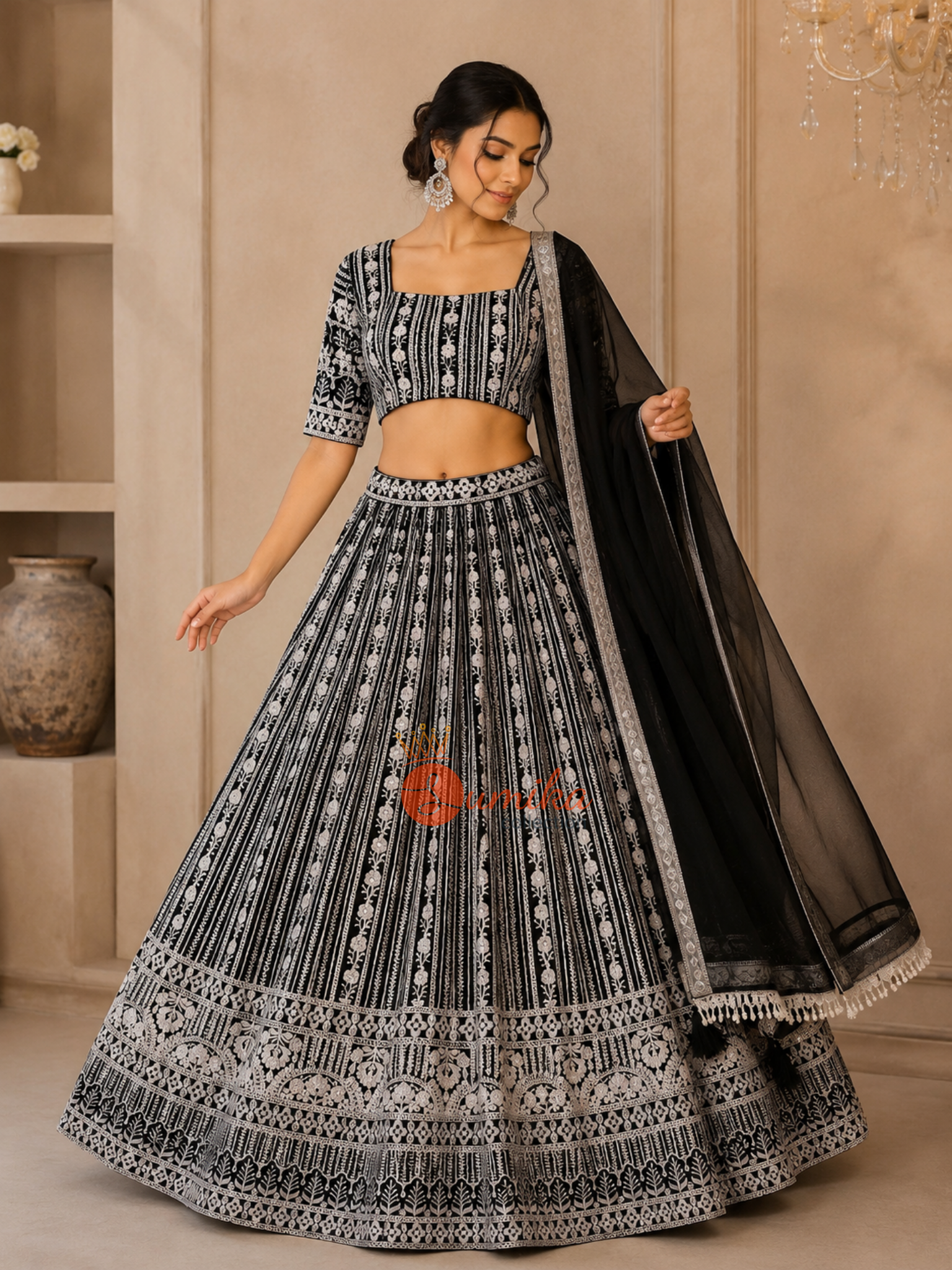 Black georgette Indian lehenga set with silver embroidery, stitched blouse and matching dupatta from Sumika Collection