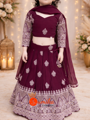 Burgundy kids lehenga set with embroidered blouse, can-can skirt and dupatta by Sumika Collection USA