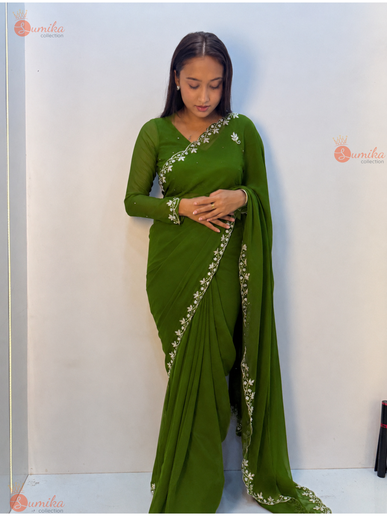 Olive Green Silver Petal Embroidered Saree Set