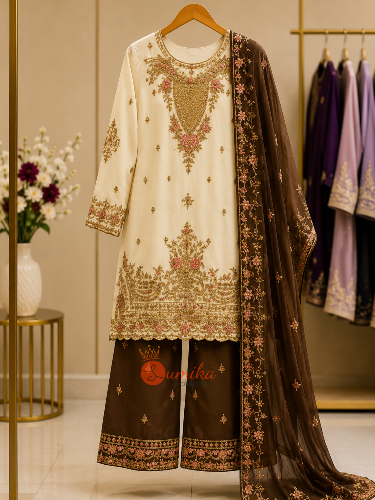 Ivory Cream Georgette Party Wear Embroidered Kurta Set