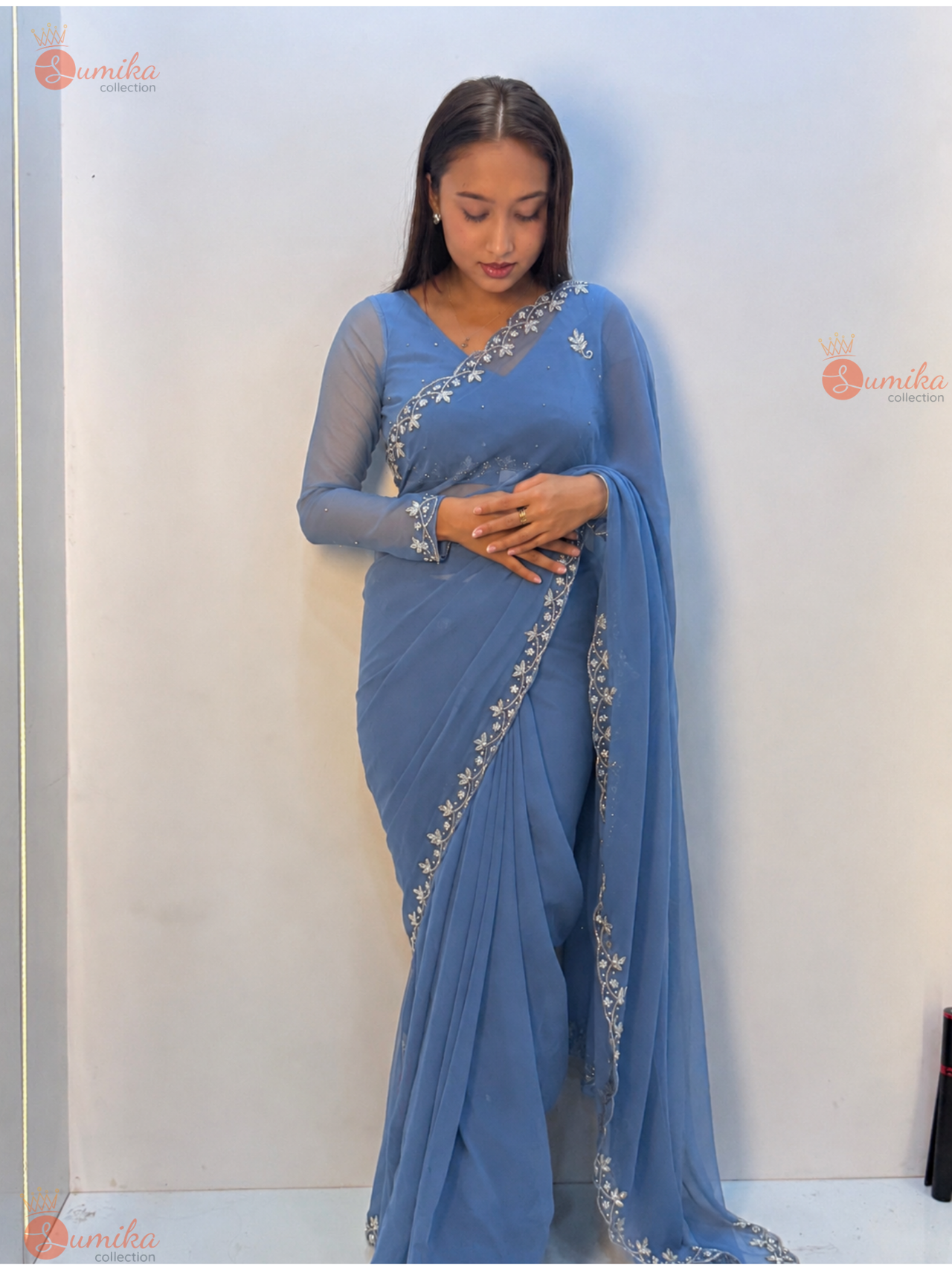 Light Blue Silver Petal Embroidered Saree Set