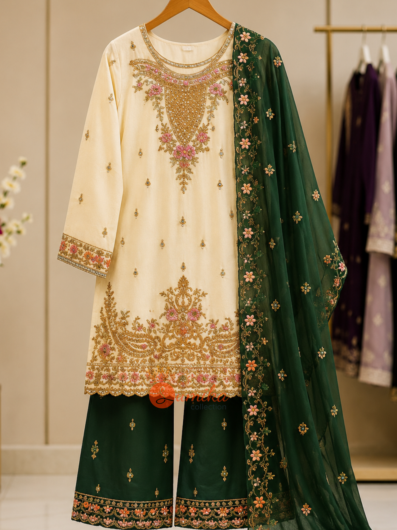 Ivory Cream Georgette Party Wear Embroidered Kurta Set