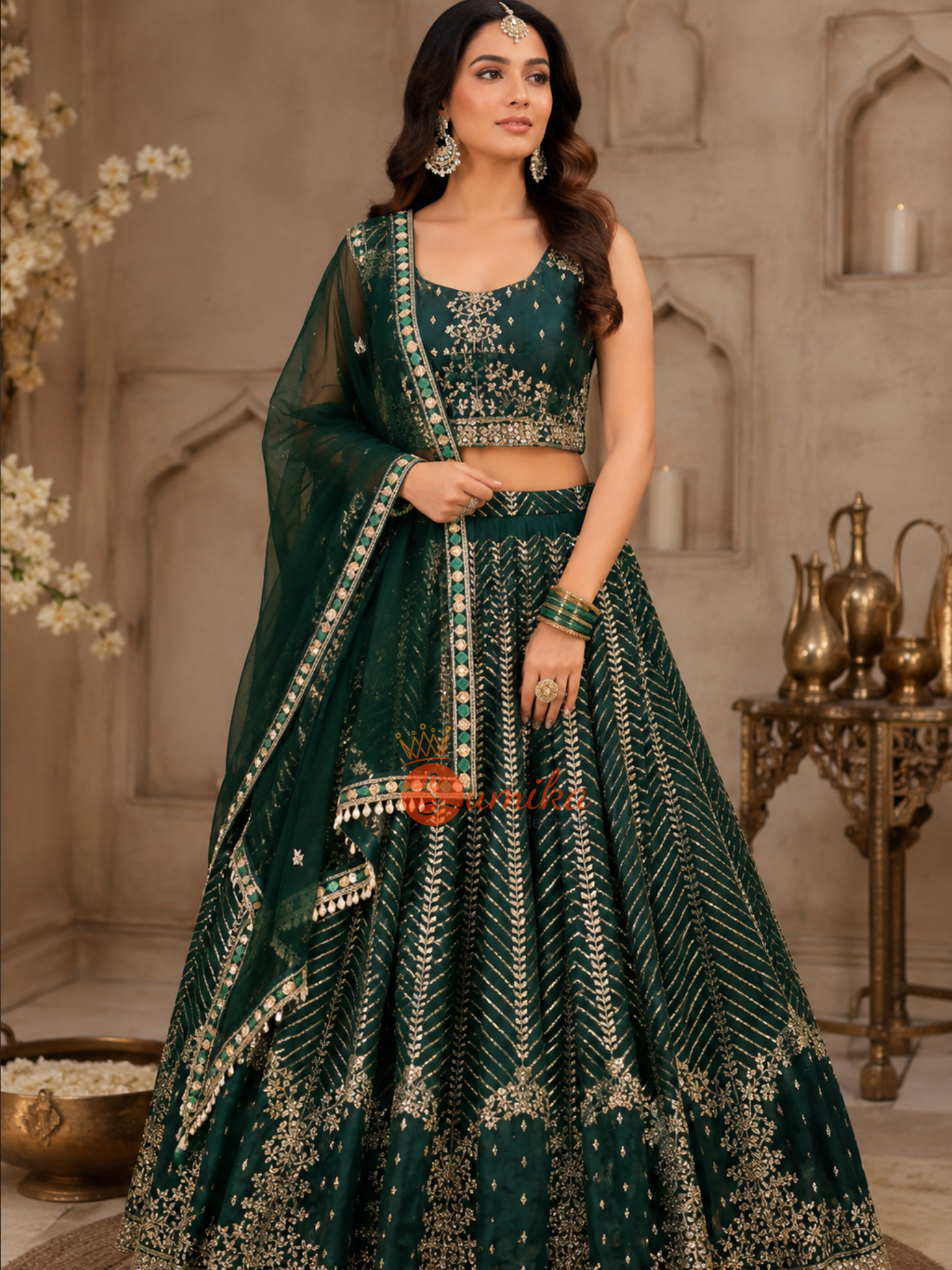 Dark green embroidered Indian lehenga set with sleeveless blouse and matching dupatta from Sumika Collection