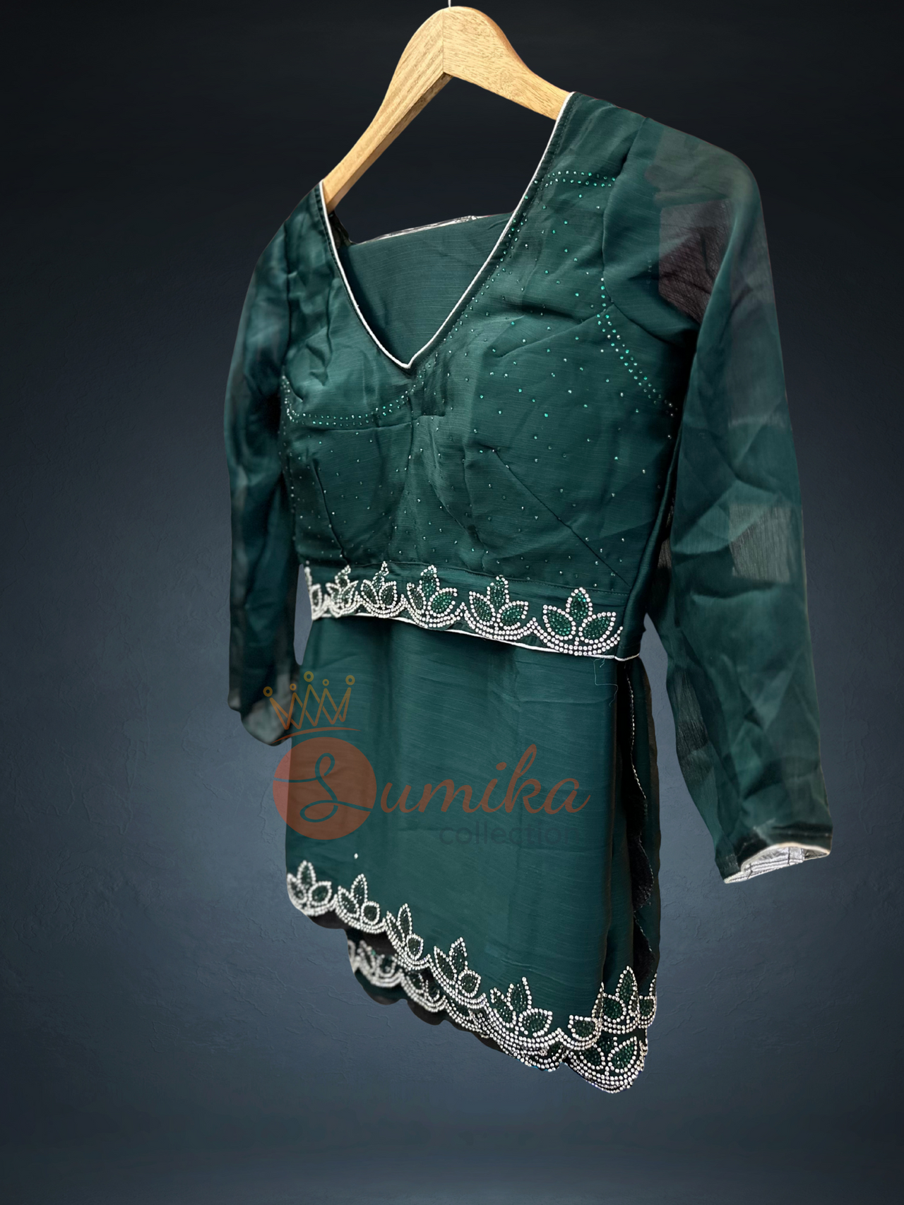 Emerald Green Saree Set with Embroidered Blouse (Falls & Pico Done)
