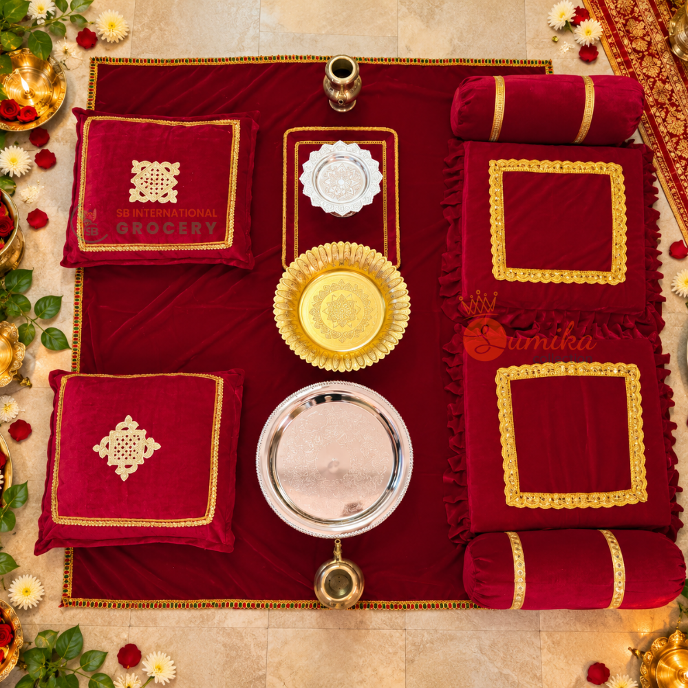 Dashain Chakati Set – 8 Piece Traditional Nepali Velvet Puja Set