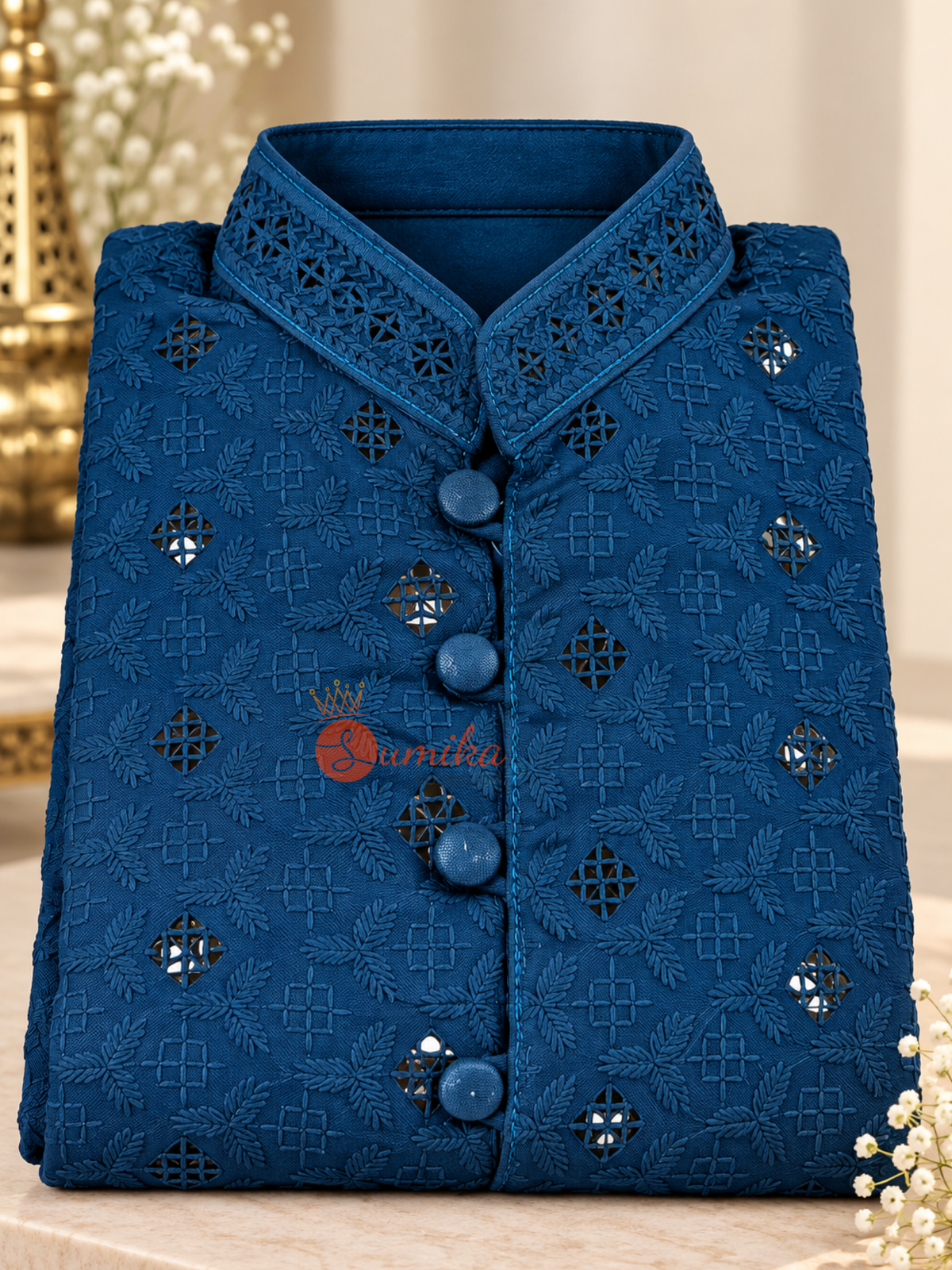 Dusty Teal Blue Chikankari Kurta for Boys