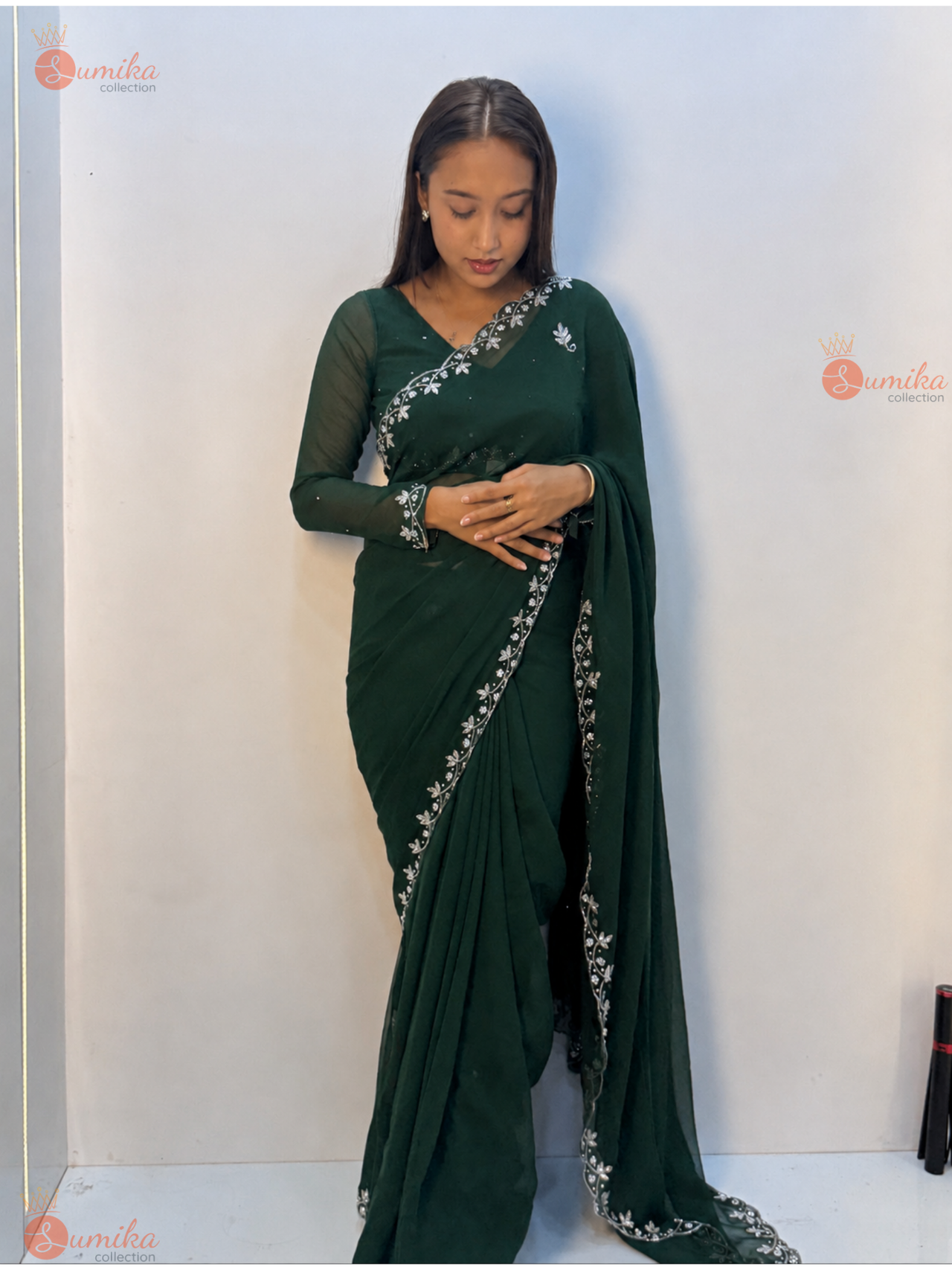 Dark Green Silver Petal Embroidered Saree Set