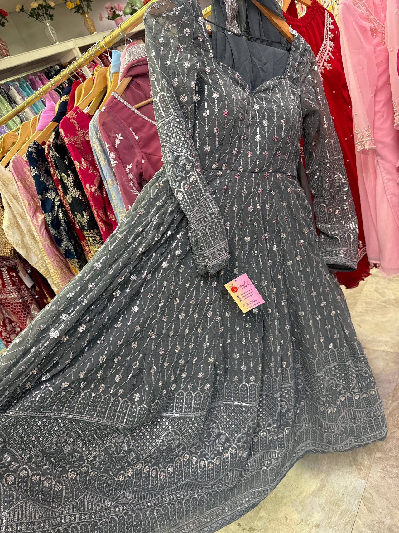 GRAY SEQUENCE ANARKALI KURTA SET (Silver border)