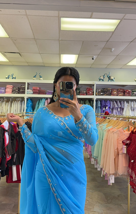 Handwork Ready to wear Sky Blue Saree set ( 3pcs )