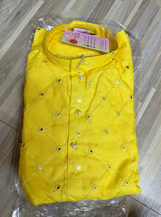 Yellow High Quality Boys Chikankari Kurti Set (2pcs) Mirror Work