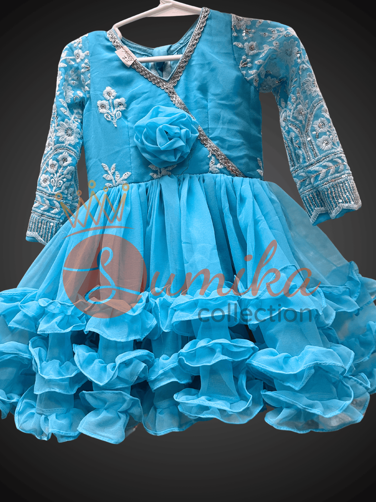 Sky-Blue Embroidered Ruffle Jama Party Dress for Girls