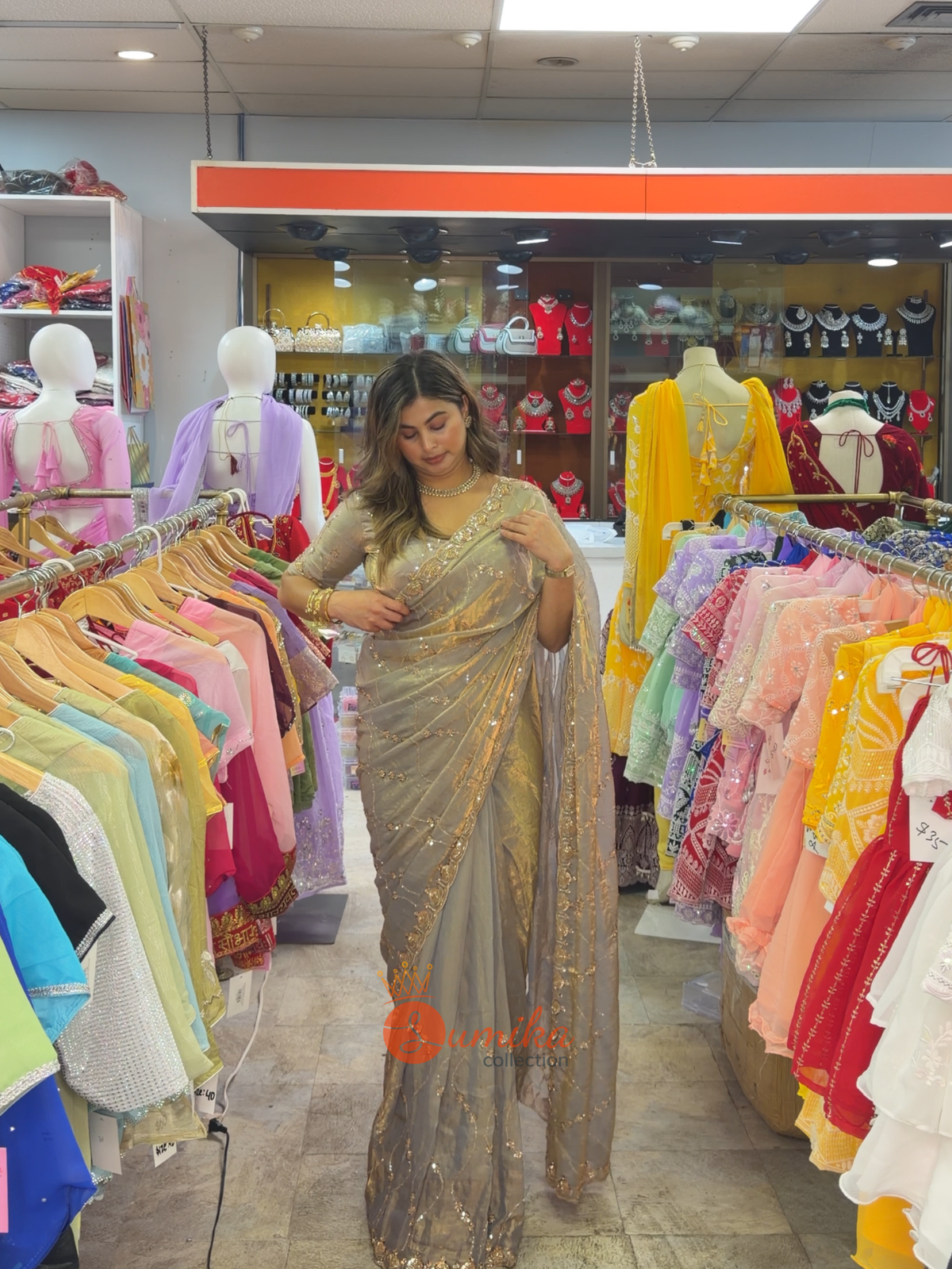 Champagne Gold Ready-to-Wear Embroidered Saree Set