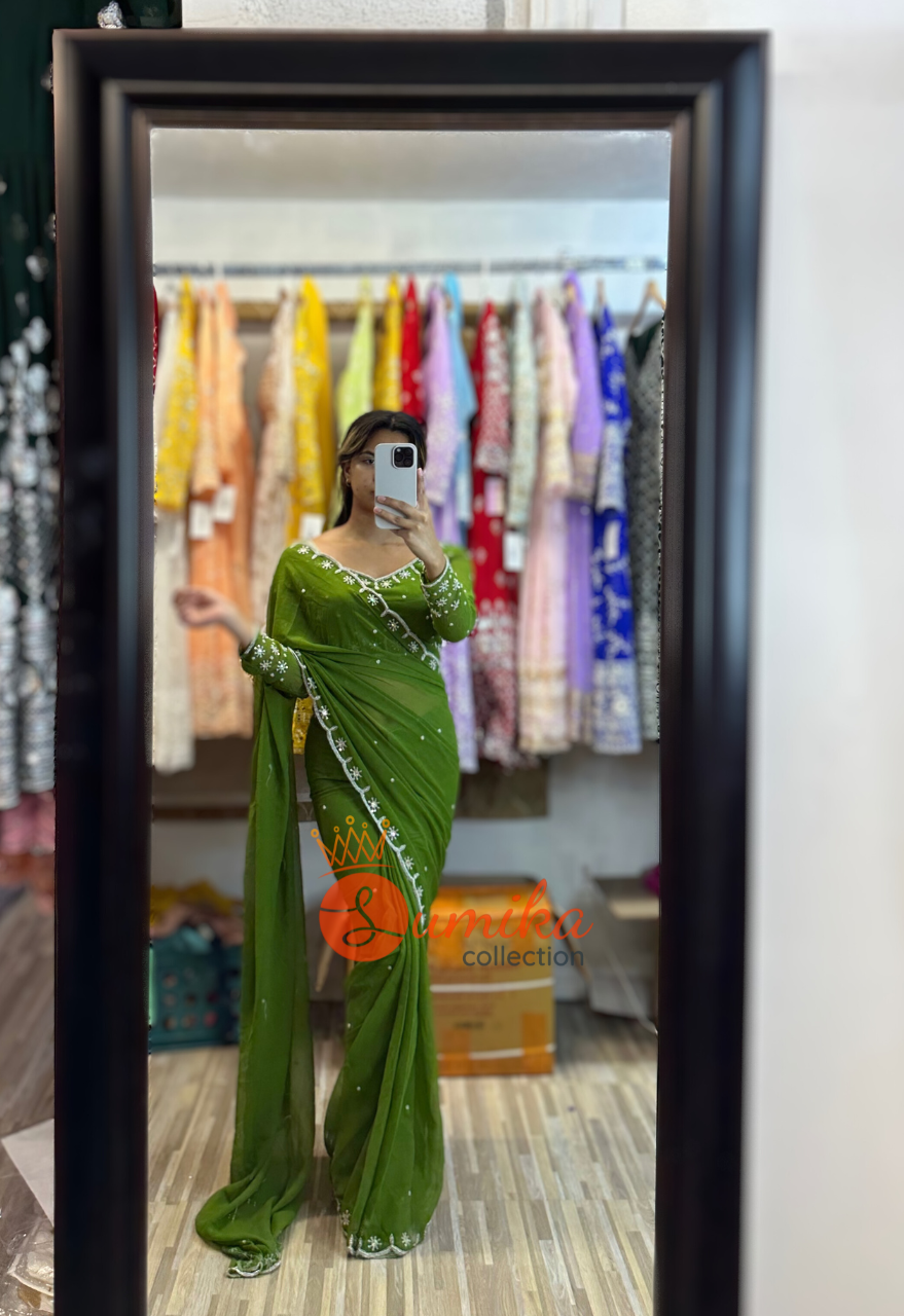 Handwork Ready to wear Green Saree set ( 3pcs )