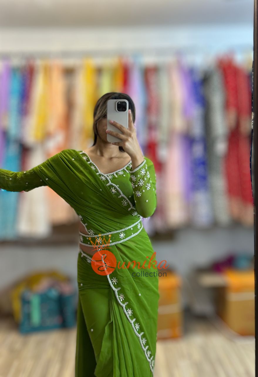 Handwork Ready to wear Green Saree set ( 3pcs )