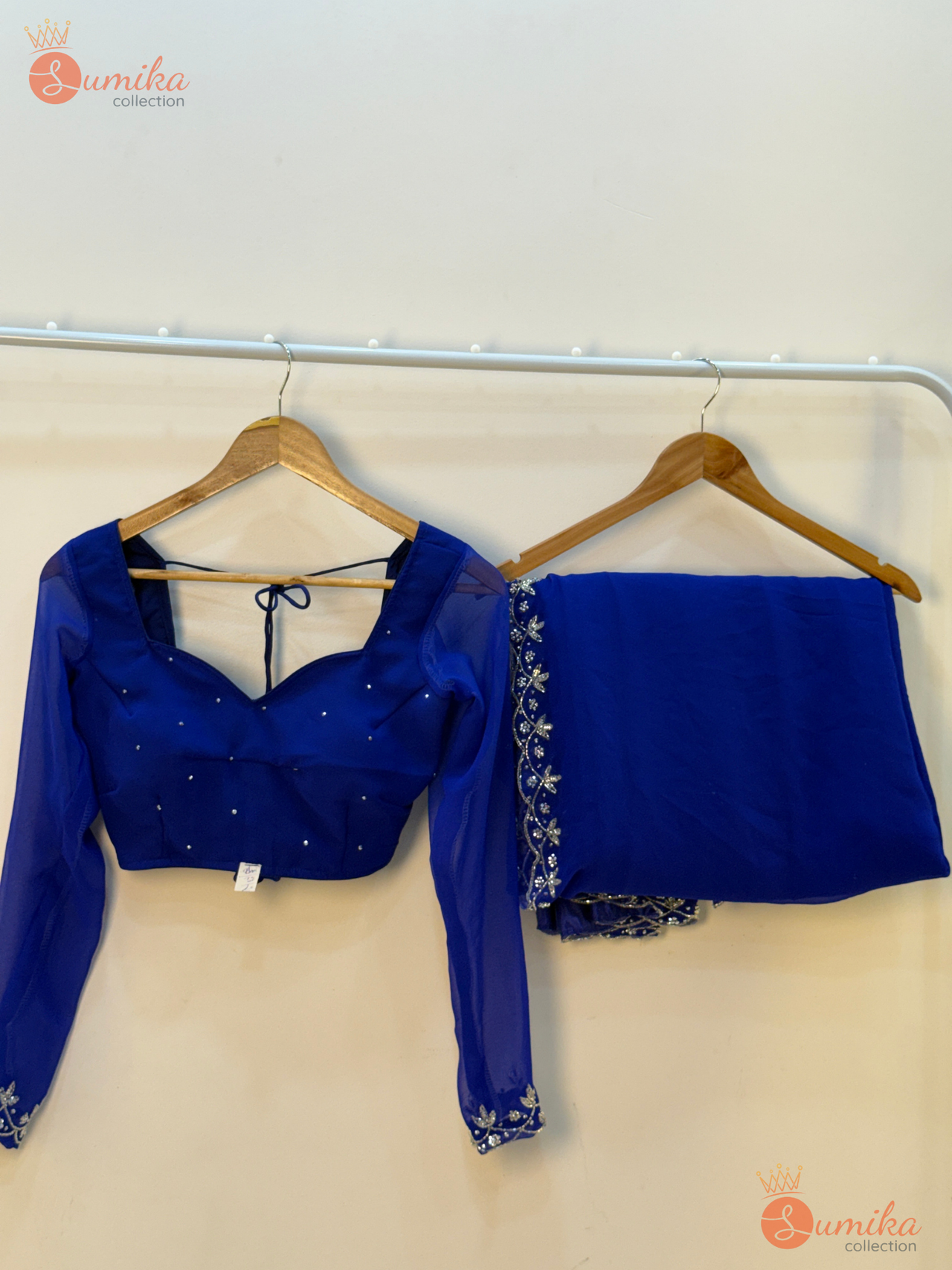 Royal Blue Silver Petal Embroidered Saree Set