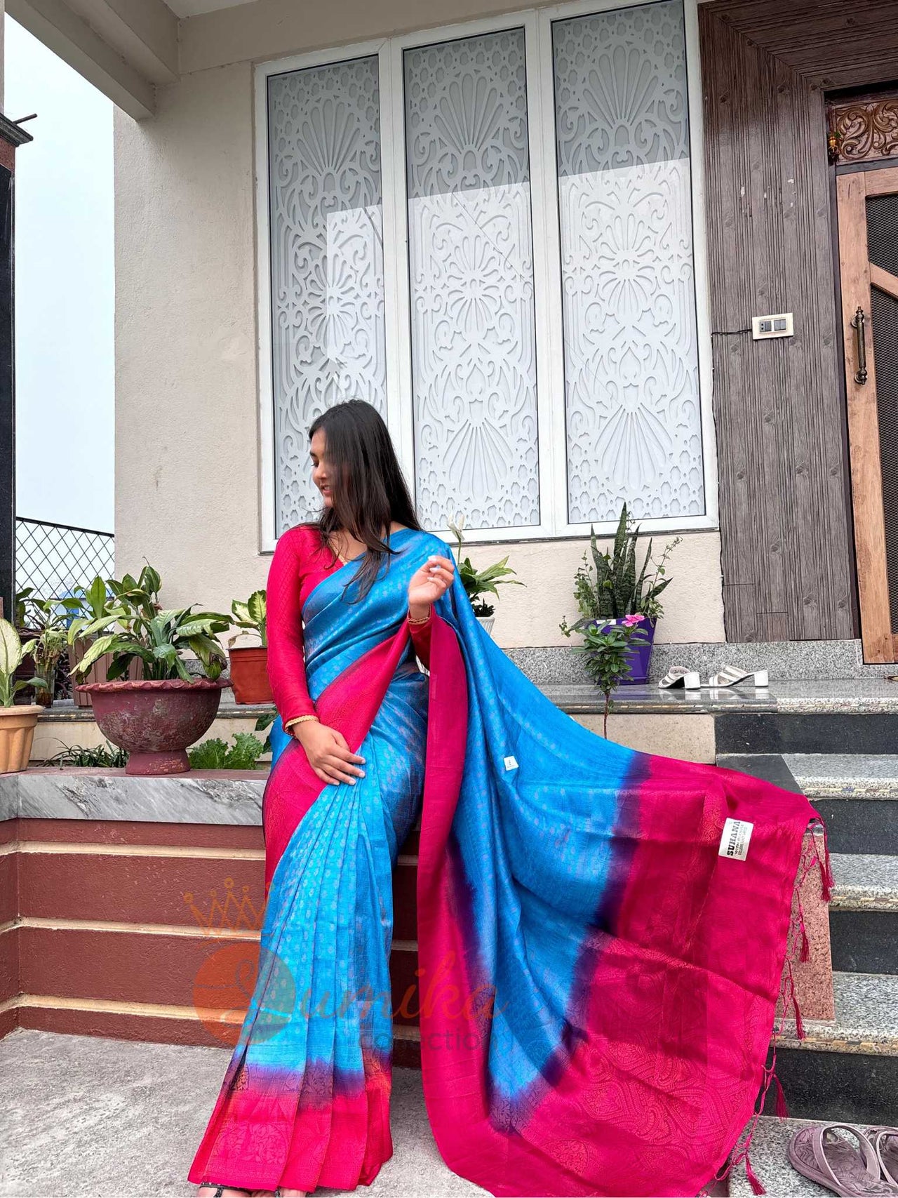 Hot Pink/Blue Ombre Kanjivaram Saree set