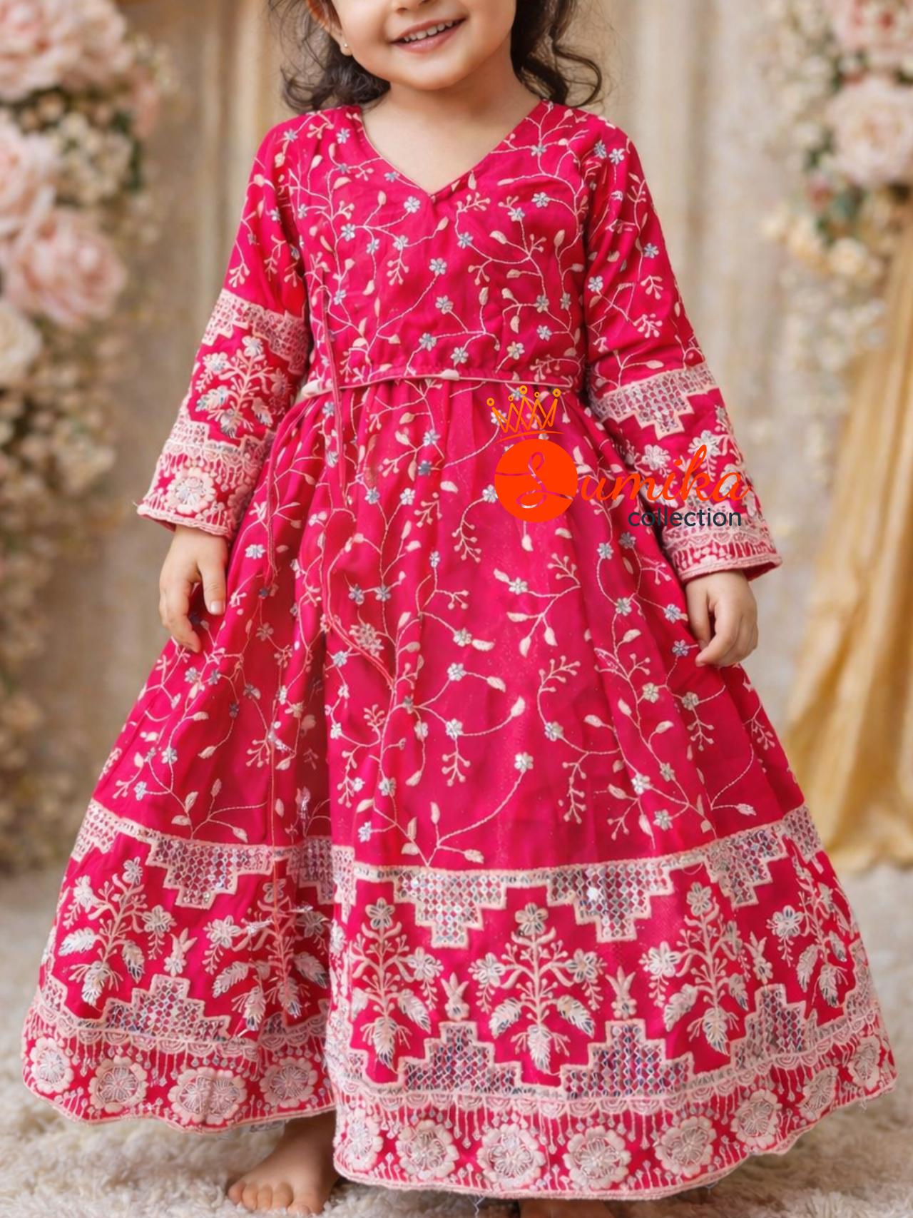 Hot pink kids lehenga with white embroidered design – Nepali Indian festive outfit from Sumika Collection USA