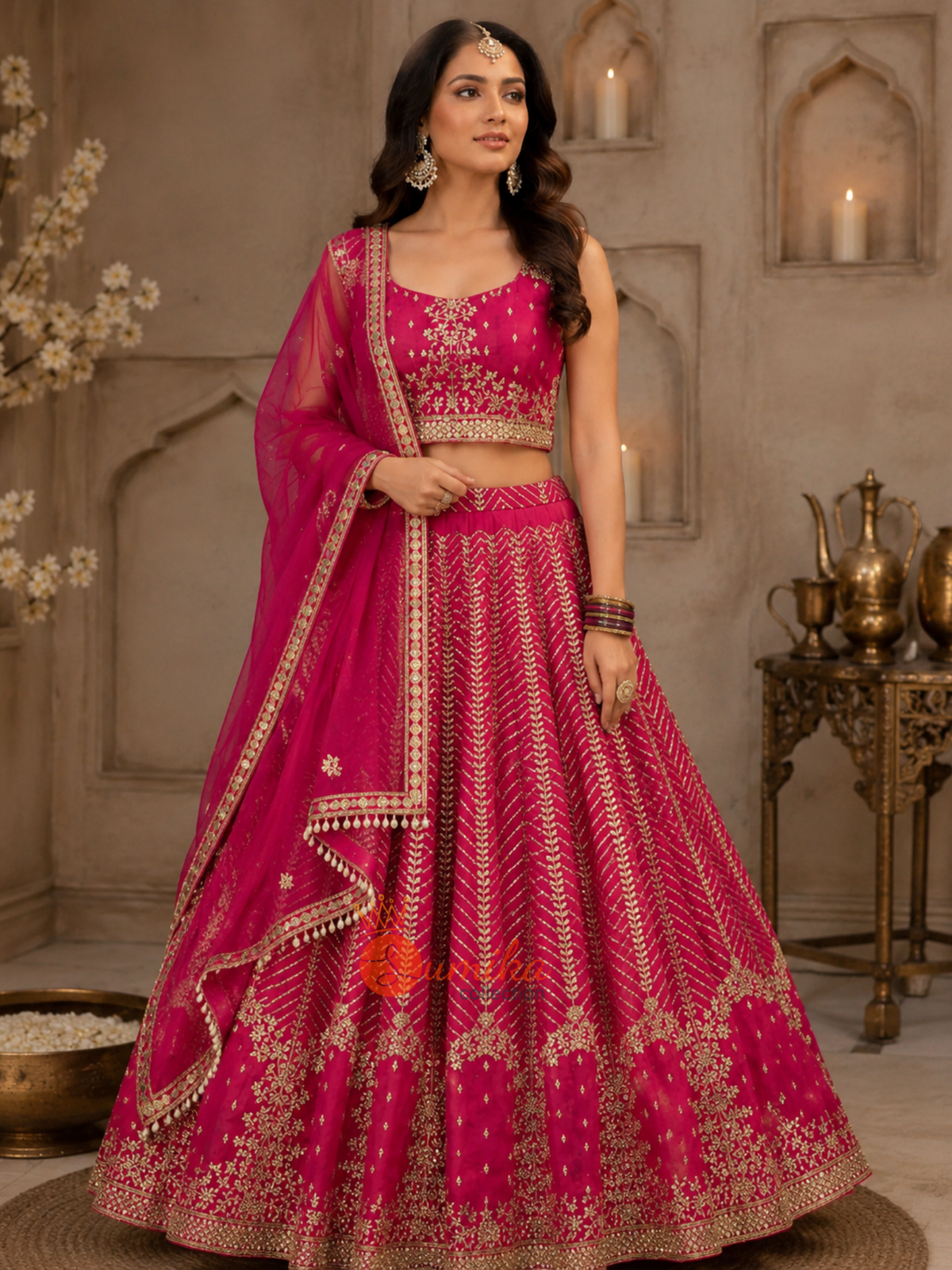 Hot pink Indian lehenga set with gold embroidery, sleeveless stitched blouse and matching dupatta from Sumika Collection