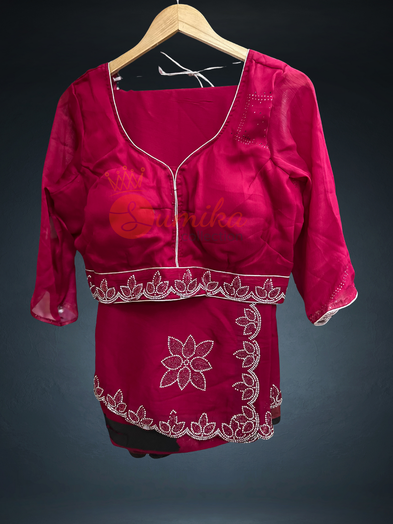 Hot Pink Saree Set with Embroidered Blouse (Falls & Pico Done)