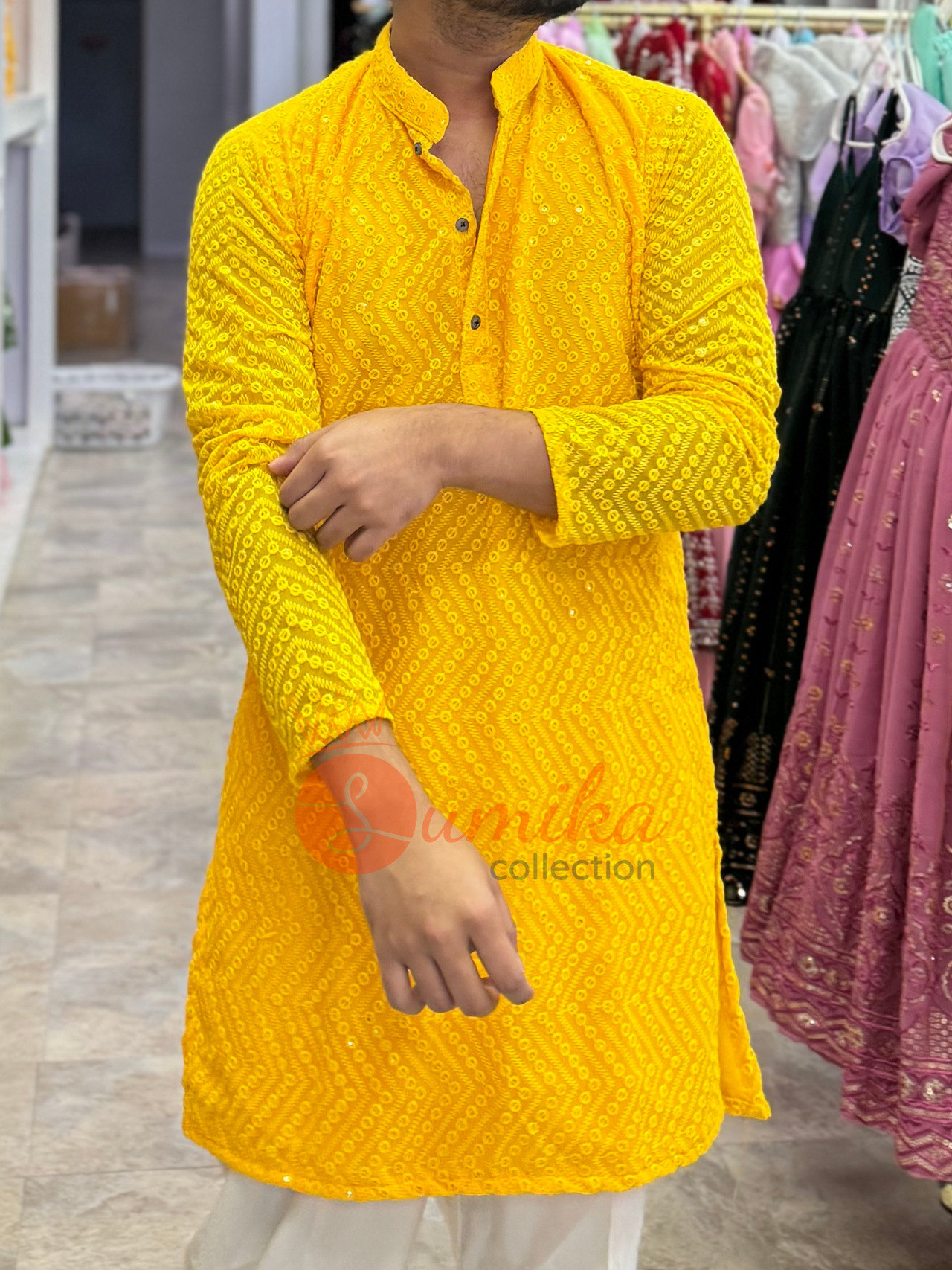 High Quality Yellow Mens Chikankari Kurta Set (2pcs)